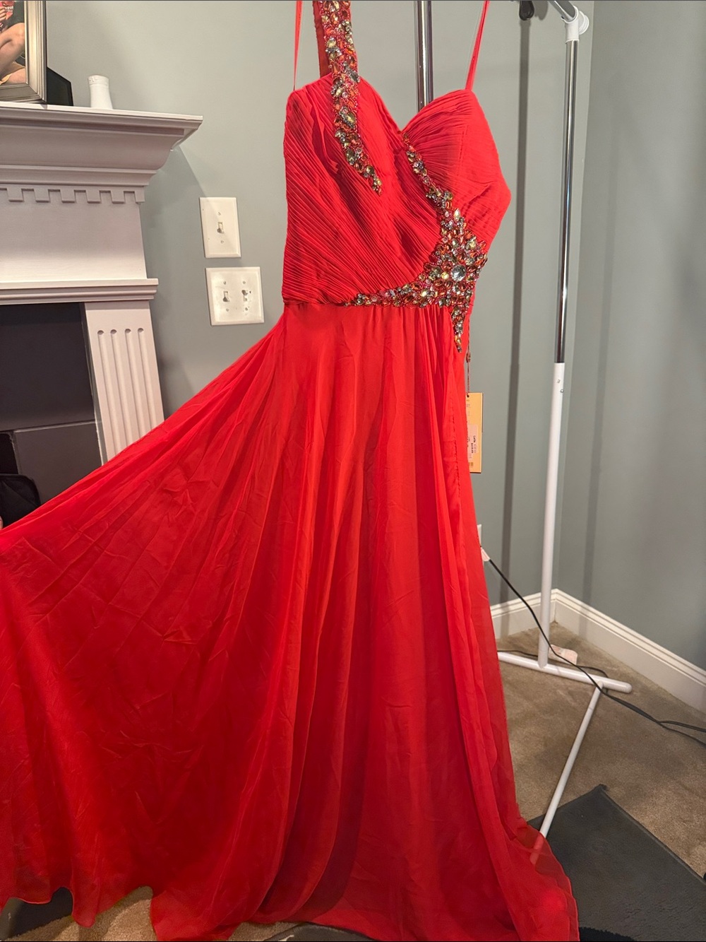 May Queen Red Beaded Chiffon Prom Gown